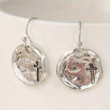 1 Pair Simple & Fashionable Small Round Pendant Earrings, Cross Carved Earrings, And Daily Commemorative Jewelry - Antique Silver - View 6