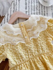 Young Girl' Elegant Middle Eastern Style Summer Party Dress, Floral Lace Collar Design, Textured Fabric, Cute Puff Sleeves, Waist Cinched, Yellow Princess Dress - Yellow - View 6