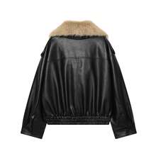 MUMRAP 女士休闲可拆卸人造毛领宽松长袖外套，街头时尚冬季外套，黑色 - 黑色 - 查看 4