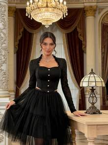 1 pieza Blusa de mujer con cuello cuadrado, volantes, botones de perla y encaje de manga larga tipo corsé, prenda exterior sexy para fiesta, Navidad, Día de San Valentín - Negro - Ver 4