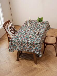1pc Bohemian Style Line & Diamond Print Edged Tablecloth, Decorative Cover For Dining Table, TV Stand, Holiday Decor