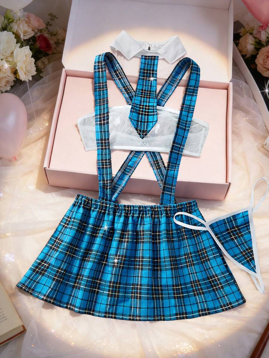 四件套女士性感制服套装，包括：透视网纱无肩带文胸、交叉露背格子迷你连衣裙、格子领结、格子丁字裤和性感内衣连衣裙 - 藍色 - 查看 1