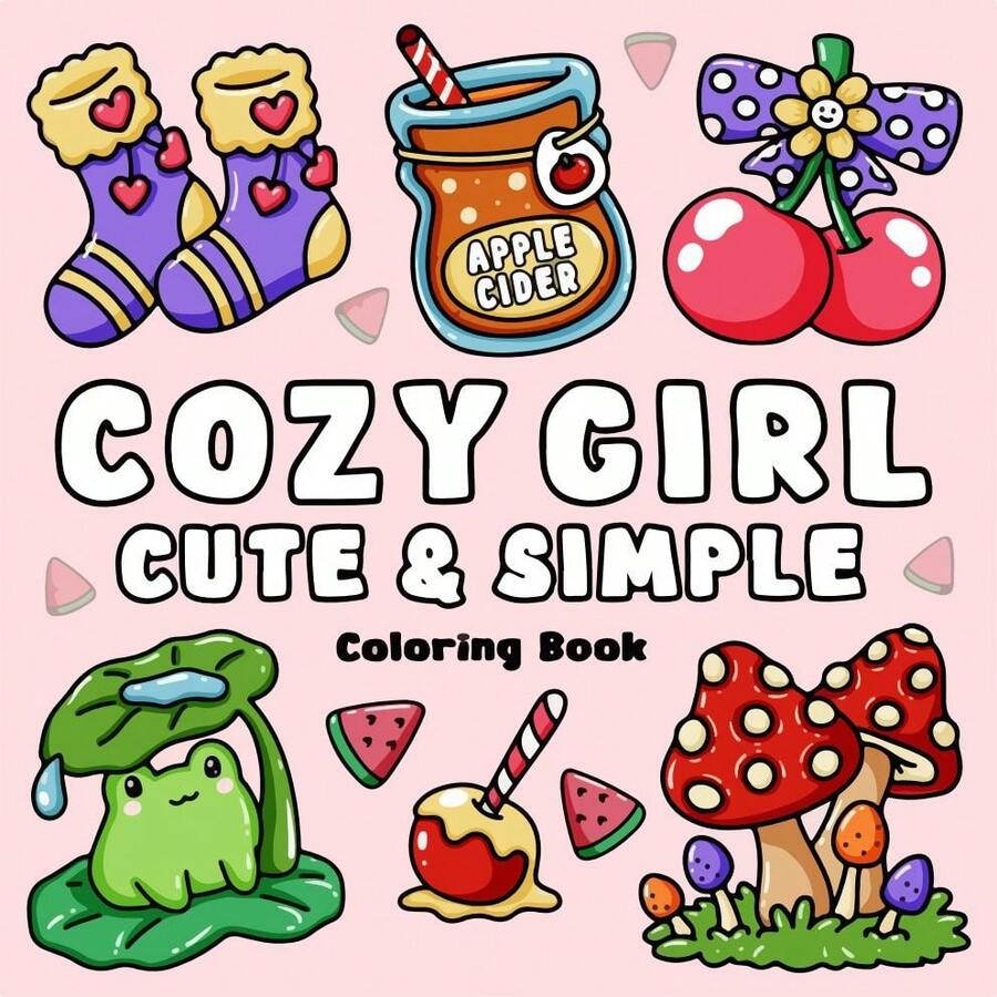 48 páginas - 230 g/m², Libro para colorear de comida adorable, estilo acogedor, elementos de tarro de sidra de manzana, esquema de color naranja y azul, dibujos sencillos, adecuado para artículos de papelería y útiles escolares, regalo perfecto para niñas, temporada de bodas, Día de la Madre - CHICA ACOGEDORA - Ver 1