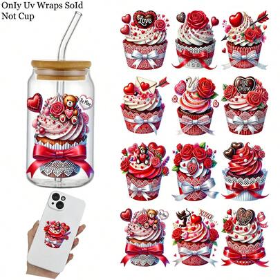12PCS Valentine's Day Ice Cream Cake Themed UV Dtf Transfer Stickers, Waterproof Plastic Decals, Heart Rose Pattern Art Stickers For 16oz Glass, High-Quality DIY Crafts Pack For Tumblers & Drinkware