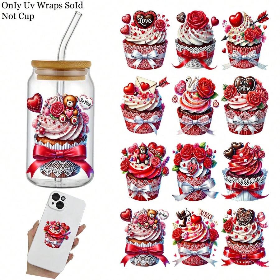 12PCS Valentine's Day Ice Cream Cake Themed UV Dtf Transfer Stickers, Waterproof Plastic Decals, Heart Rose Pattern Art Stickers For 16oz Glass, High-Quality DIY Crafts Pack For Tumblers & Drinkware - Multicolor - View 1