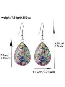 1 Pair Colorful Floral Pattern With 316 Stainless Steel Teardrop Earrings, Vintage Minimalist Style Suitable For Women's Daily Wear And Gifts, Elegant Minimalist Jewelry Earrings Suitable For Women's Daily And Holiday Wear - Silver - View 4