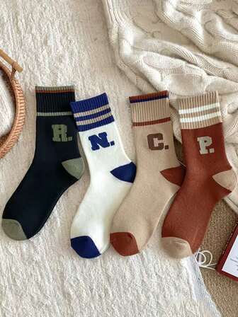4 par damstrumpor med tjocka bokstäver, varma strumpor med hajtryck, blandade, höst/vinter