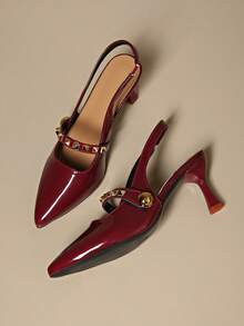 Giày cao gót mũi nhọn gợi cảm dành cho nữ, giày cao gót da bóng có khóa cài, thích hợp đi làm và công sở, trang trí bằng dây xích kim loại, gót nhọn. - Màu Đỏ Sâu - Xem 7