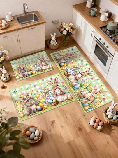 40*60cm/50*80cm/40*120cm Groene Paasvloermat met Konijn en Ruitjespatroon voor de Keuken, Antislip Deurmat voor Huis, Kleurrijke Eieren & Bloemen Thema Feestelijke Decoratie Tapijt