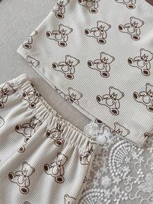 Set de 2 piezas Bebé niño oso impreso camiseta de manga corta de gofre + pantalones cortos, primavera/verano - Albaricoque - Ver 12