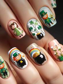 Mejora tu apariencia instantáneamente con 24 uñas postizas cuadradas medianas. Incluye diseños de trébol de cuatro hojas verde, patrón asimétrico amarillo y degradado rosa. Perfectas para vestidos verdes, niñas de cabello castaño y decoración con frascos negros, monedas doradas y uñas falsas verde claro. - Blanco - Ver 1