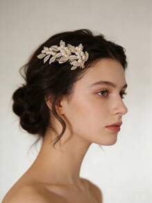 1pc Gold Leaf & Faux Pearl Beaded Minimalist Hair Comb, Suitable For Bride, Wedding, Party, Holiday, Ceremony, Graduation Occasions - Gold - View 1