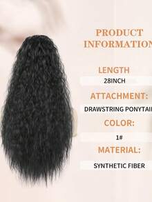 1pc Women's Long Curly Drawstring Ponytail, Clip-On Wavy Wig, Fluffy & Natural, Black Synthetic Hair Wig