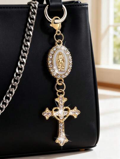 Christian Charm Keychain With Religious Cross, Faux Pearl And Rhinestone Talisman - Cross Keychain, Bag Ornament, Cross Pendant, Decorative Wallet Backpack Accessories, Earphone Bag Accessories, Luggage And Car Decorative Buckle