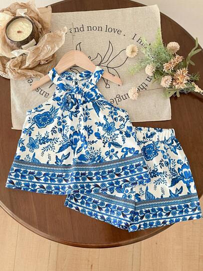 女童夏季中式吊带上衣+短裤两件套，柔软透气，度假装，儿童休闲碎花套装