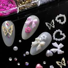 3D Multi Shapes Nail Charms And Flatback Pearls, White Pink Heart Star Bow Butterfly Acrylic Flower Cute Nail Jewels With Caviar Beads, Rhinestones, Pearls For Y2K Nail Art DIY Decoration - 12 ô lưới - Xem 3