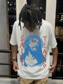 (Double-Sided Printing) Jesus Printed 100% Pure Cotton Fabric - Comfortable And Vibrant Summer Street Style Short Sleeved T-Shirt, Cool Design Retro Summer Unisex Daily Wear T-Shirt, Spring Outfit, Tunic Top, Black Top, Autumn Outfits, Summer Outfit - 白色 - 查看 3