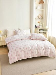 2/3件套100%纯棉粉色复古条纹花卉图案印花被套组（不含被芯），透气超柔软，四季皆宜（1件被套+1/2件枕套，不含枕芯），柔软双色设计，卧室/客房适用，情人节特惠。