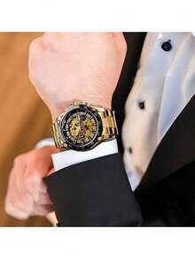 Men's Fashion Double-Sided Hollow Automatic Mechanical Watch, Classic Full Diamond Luxury Rhinestone Hollow Stylish Wristwatch