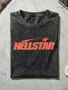 Red Shooting Star Logo Graphic Tee Unisex Couple Matching Boyfriend Style Hell Star Double Sided Print Bold Colorway Flame Face Acid Washed Cotton Graphic Tees Men Oversized T Shirt Summer Outfits Camisetas Para Hombre - màu đen - Xem 3