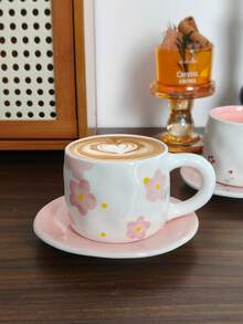 1pc Hand-Painted Floral Pink Ceramic Coffee Cup & Saucer Set, Elegant Sakura Sunset Pattern Coffee Cup & Saucer - Multicolor - View 6