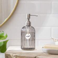 HBlife 2 Pack 16 Oz Glass Soap Dispenser With 304 Rustproof Stainless Steel Pump, Vertical Stripe Kitchen Bathroom Refillable Liquid Container For Hand Soap, Lotion (Grey) - 圖案灰 - 查看 7