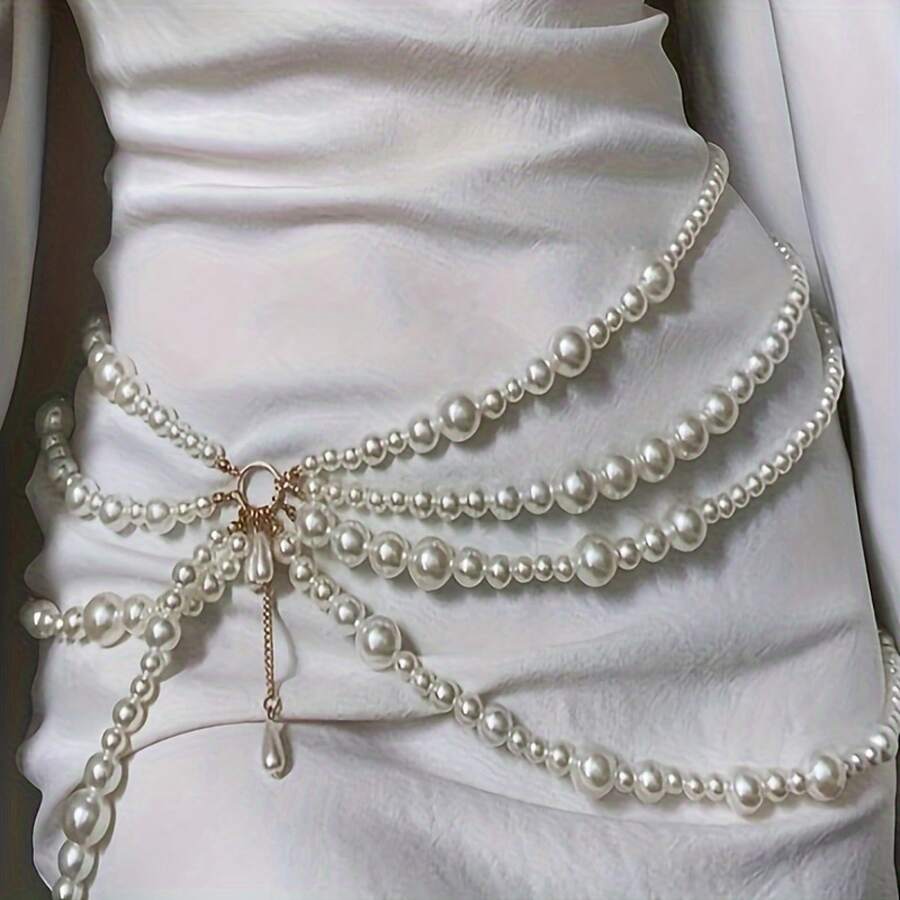 3096 Irregular Cute Pearl Side Swing Waist Chain For Weddings, Daily Dates, Parties, And Festivals, Metal Belt Waist Accessory 105CM One Piece - 白色 - 查看 1
