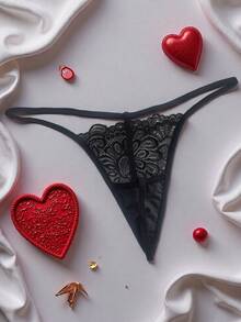 AB. 女士时尚性感蕾丝花卉透明丁字裤 - 黑色 - 查看 4