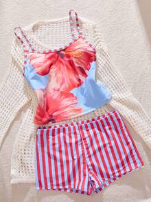 女士吊带比基尼泳衣，夏季条纹芙蓉花印花T恤沙滩上衣，内置胸罩/外套/生日装/休闲装/Y2K/2000年代/千禧年时尚/优雅/老钱风/街头风/度假装/女孩沙滩装 - 彩色 - 查看 9