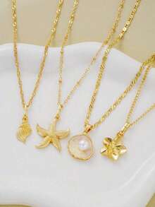 4件套波西米亚风海星、仿贝壳、仿珍珠多层吊坠项链套装，夏季海滩度假礼物，适合女性，休闲、派对、友谊场合 - 金黃色 - 查看 3
