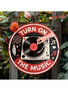 Vintage Metal Tin Sign, Retro Round Turn On Music DJ Turntable Wall Decor, 7.8 Inch 2D Flat Art For Home Garage Cafe Patio Porch - 彩色 - 查看 11