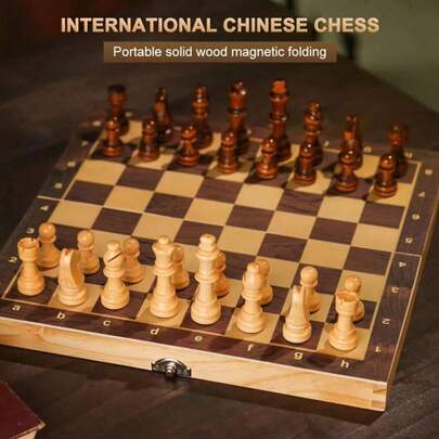 29/34厘米三合一木制国际象棋、跳棋、西洋双陆棋游戏套装，可折叠便携，策略棋盘游戏，适合家庭娱乐、旅行、初学者和成人，室内外皆宜，经典新年礼物