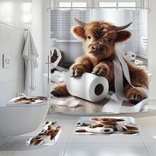 Cute Highland Cow Bathroom Curtain Set, Includes Non-Slip Bath Mat, U-Shaped Rug, Toilet Lid Cover - Waterproof Polyester Fabric Bathroom Window Curtain With 12 Hooks, Machine Washable, Seasonal Animal Theme Decor, Bathroom Divider, Shower Curtain Set, Ideal For Home Decor, Holidays, Daily Decoration, Bathroom Decor, Shower Decor, And Gift Giving - Multicolor - View 1