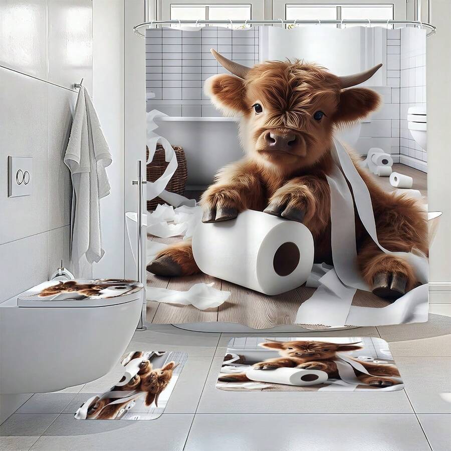 Cute Highland Cow Bathroom Curtain Set, Includes Non-Slip Bath Mat, U-Shaped Rug, Toilet Lid Cover - Waterproof Polyester Fabric Bathroom Window Curtain With 12 Hooks, Machine Washable, Seasonal Animal Theme Decor, Bathroom Divider, Shower Curtain Set, Ideal For Home Decor, Holidays, Daily Decoration, Bathroom Decor, Shower Decor, And Gift Giving - Multicolor - View 1