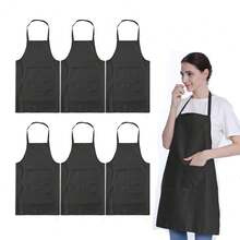 Total 6PCS Black Apron For Wowen Adult Unisex With 2 Pockets-Chef CooFKing BaFKing Kitchen Restaurant Crafting Painting Party Aprons - Đen - Xem 1