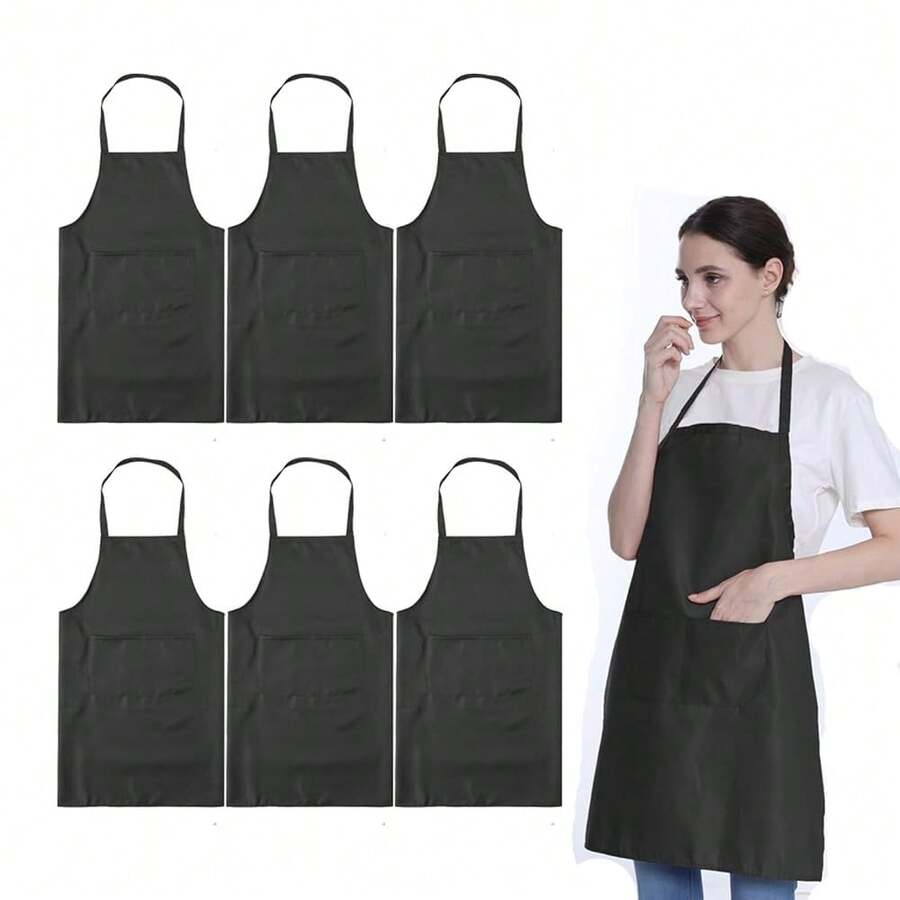 Total 6PCS Black Apron For Wowen Adult Unisex With 2 Pockets-Chef CooFKing BaFKing Kitchen Restaurant Crafting Painting Party Aprons - Đen - Xem 1