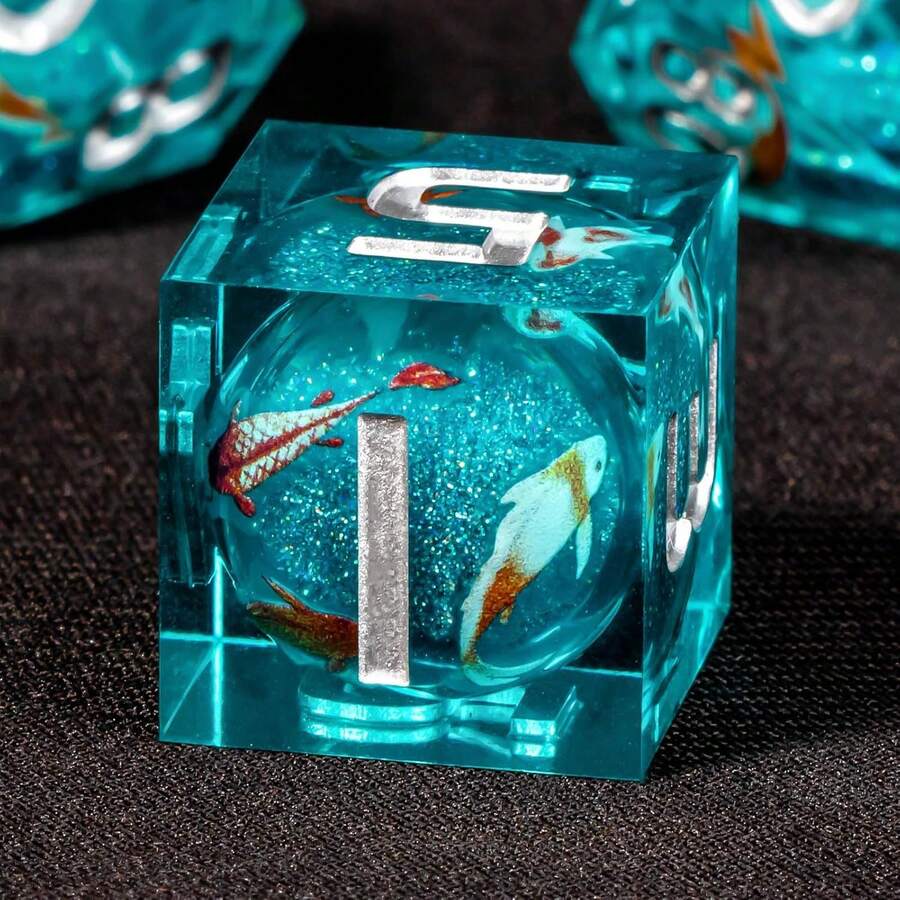 7pcs Transparent Crystal Embedded 3D Koi Fish Dice Set, Gold/Red/Black Koi, Glitter Suspended, Resin Crafted, Suitable For Tabletop RPG, Board Games, Vintage Jade-Like Texture, Luck Charm - Multicolor - View 1