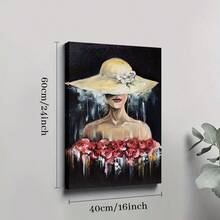 2D Flat Printing, 1pc, A Figure (With Visible Lips) Wears A Large Light Hat With White Flowers, With Red Roses Around The Torso And Paint Drips On A Dark Background, Canvas Wall Art For Living Room, Bathroom Wall Art Bedroom Framed Wall Art Poster Art Prints Ready To Hang Pictures Home Decorations Wall Decor For Office - 彩色 - 查看 8