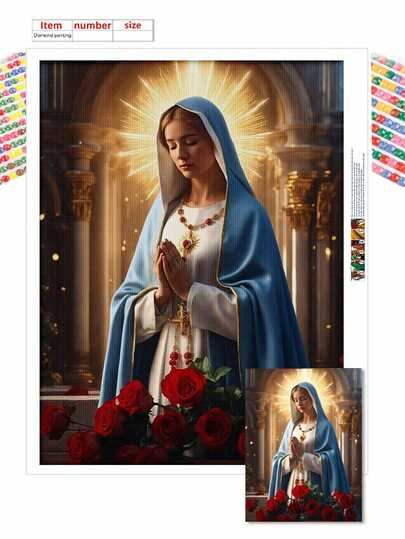 DIY 5D diamantmålningssats handgjord akryl diamantbroderi konstverk med blå mantel, gloria och röda rosor för vardagsrum sovrum heminredning, högtid, alla hjärtans dag, påsk, Thanksgiving gåvor