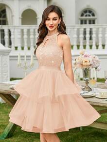 MIUSOL Sequin Floral Lace Halter Neck Ruffle Layered Hem Mesh Ballgown Skirt, Summer Women's Dress, Wedding Guest Outfit, Suitable For Vacation, Birthday Party, Graduation Ceremony And Other Occasions - Champagne - View 5