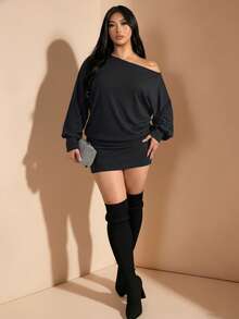 2pcs Plus Size Women's Asymmetric Neckline Asymmetrical Shoulder Long Sleeve Top And Bodycon Mini Skirt Set - Black - View 7
