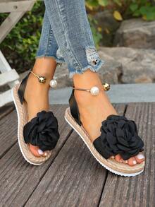 Soft & Comfortable Low Heel Floral Bohemian Sandals, Versatile Flat Sole Slip-On Beach Shoes For Women - Black - View 6