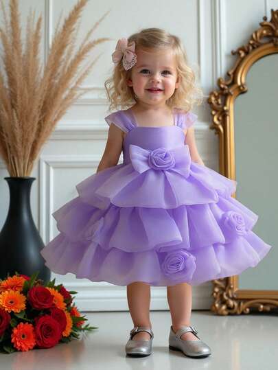 Baby Girls Sleeveless 3D Floral Organza Layered Cute Birthday Party Princess Dress, Suitable For Family, Outdoor, Vacation, Does Not Include Headband