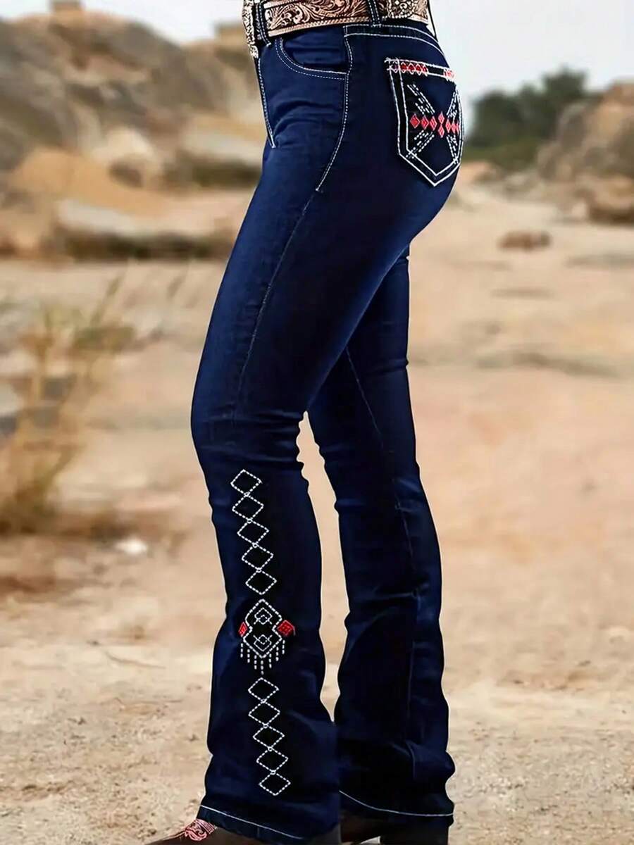 Plus-Size Women's High-Waisted Jeans, Featuring A High-Waisted Design That Slims The Waist And Lifts The Hips, With A Dark Blue Geometric Embroidery Design. Y2K Plus-Size Women's Flared Jeans - 藍色 - 查看 1