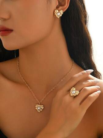 3pcs/Set Heart Decor Elegant Minimalist Outfit, Versatile For Daily Wear, Party, Spring/Summer