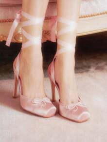Ballet High Heels For Women Square Toe Satin Mary Janes Lace Up Heels Elegant Ballerina Stiletto Heels With Bow Party Dancing Shoes For Women - Màu hồng nhạt A - Xem 6