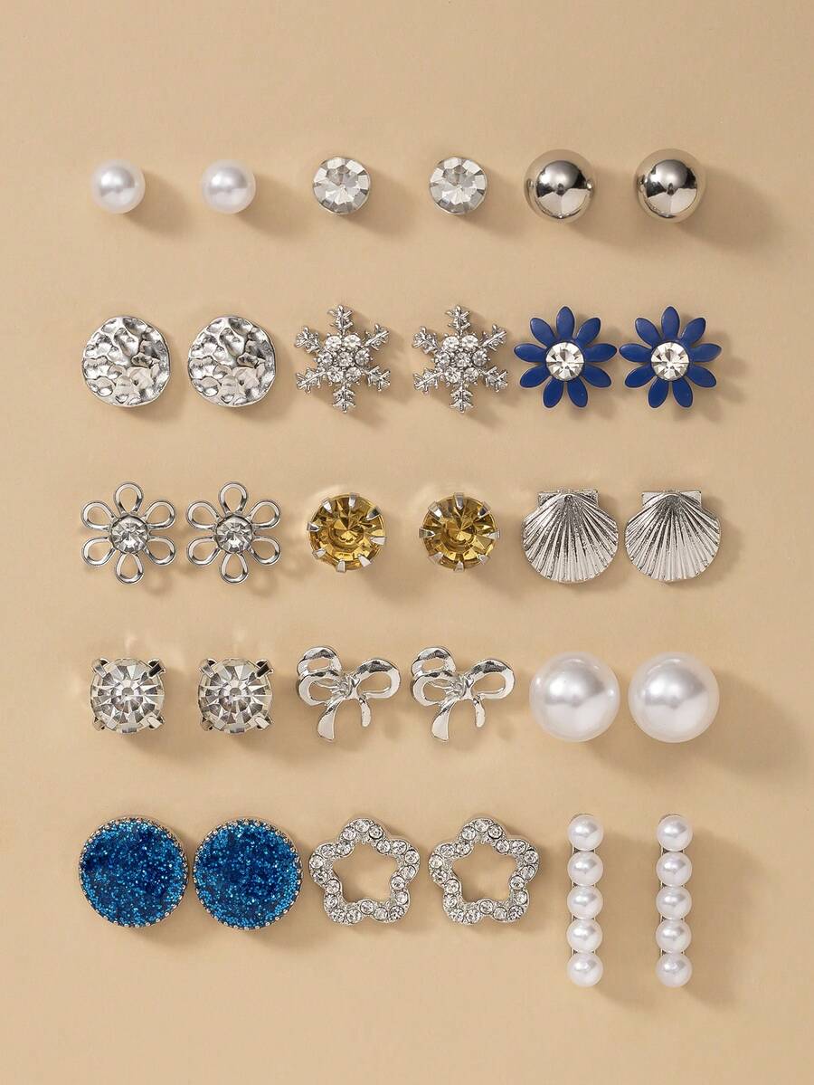 15对可爱贝壳、花朵、蝴蝶结、雪花、水钻和仿珍珠金属耳钉套装(女士款) - 銀色 - 查看 1