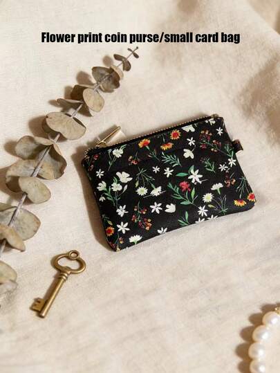 1pc Minimalist Ditsy Floral Coin Purse, European And American Style Multi-Function Zipper Small Wallet, Leather Card Holder, Suitable For Daily Use, Travel, Christmas Gift