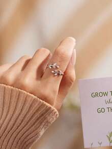 1pc Cubic Zirconia Leaf Adjustable Ring, Suitable For Party Jewelry And Birthday Gift, For Teens - Silver - View 7