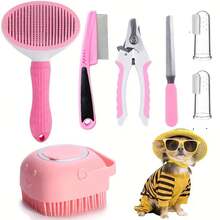 Luxury Pet Grooming Kit: Dog Brush, Flea Comb, Dog Washing Brush, Pet Nail Clippers, Dog Toothbrush Set - Essential Tools For Your Beloved Pet To Happily And Healthily Self-Groom, Trim Nails, Maintain Coat, And Clean Teeth - Pink - View 1